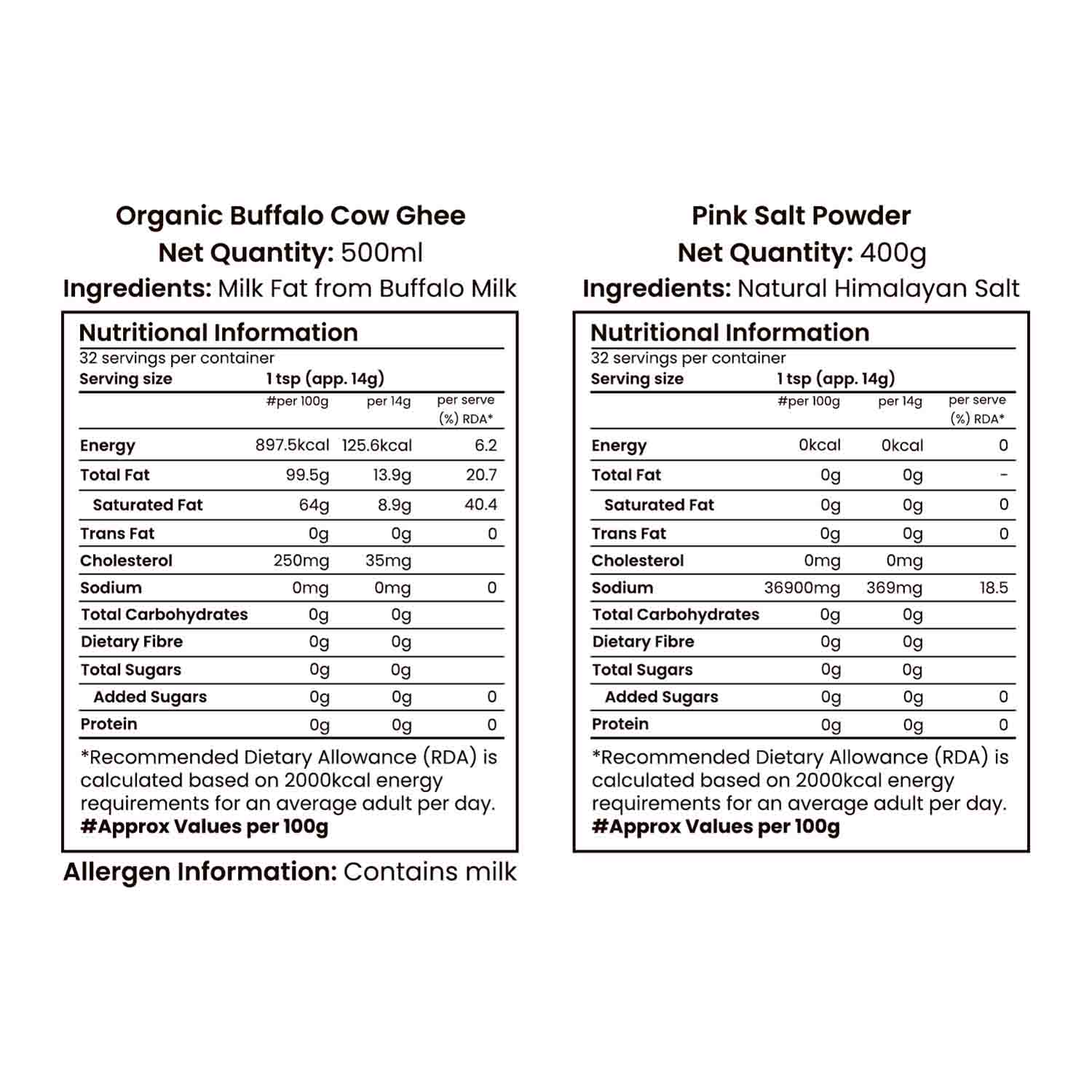 Barsana Magic and Nutritional information labels for Organic Buffalo Cow Ghee and Pink Salt Powder on a white background.