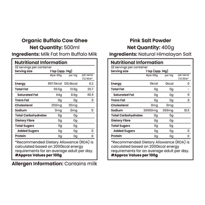 Barsana Magic and Nutritional information labels for Organic Buffalo Cow Ghee and Pink Salt Powder on a white background.