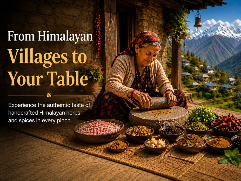 Barsana Magic and A promotional scene showing a woman grinding spices or herbs at a stone mortar and pestle, with bowls of colorful ingredients arranged around her. Mountains and a village are visible in the background, and large text on the left reads 'From Himalayan Villages to Your Table' with a smaller tagline about authentic herbs and spices.