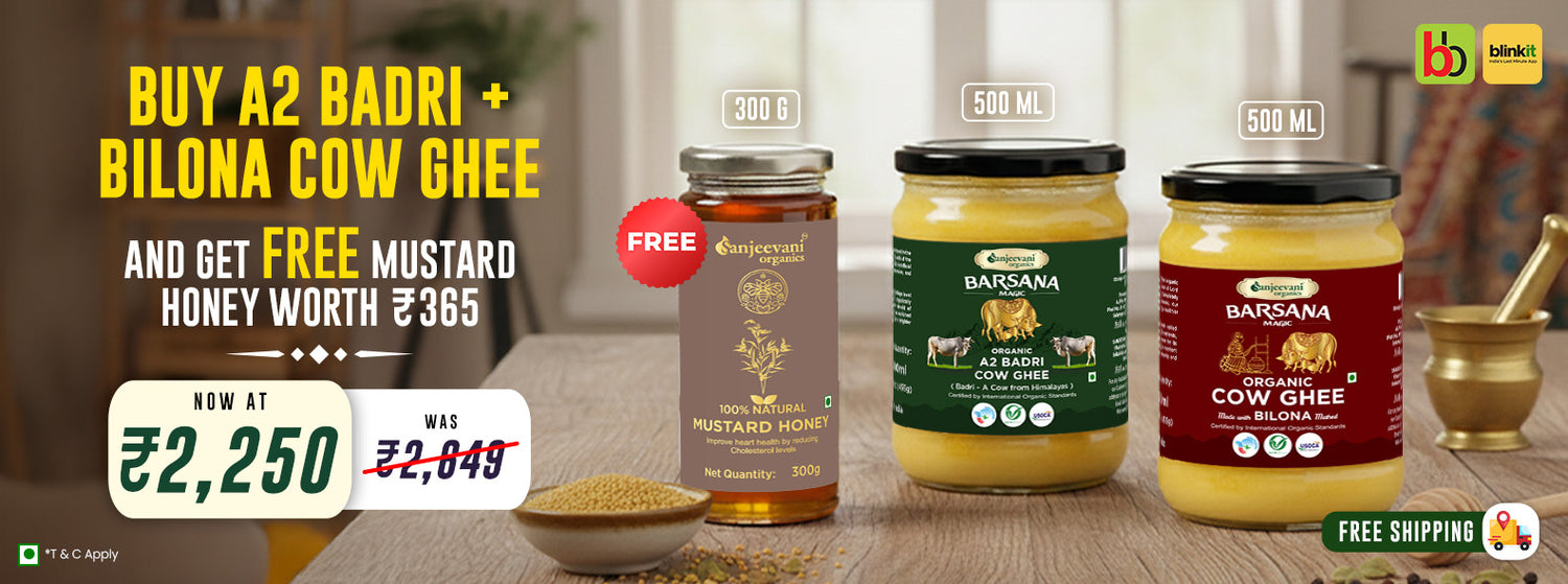Barsana Magic and Promotional image of Biltona cow ghee and mustard honey with product packaging and text overlay.