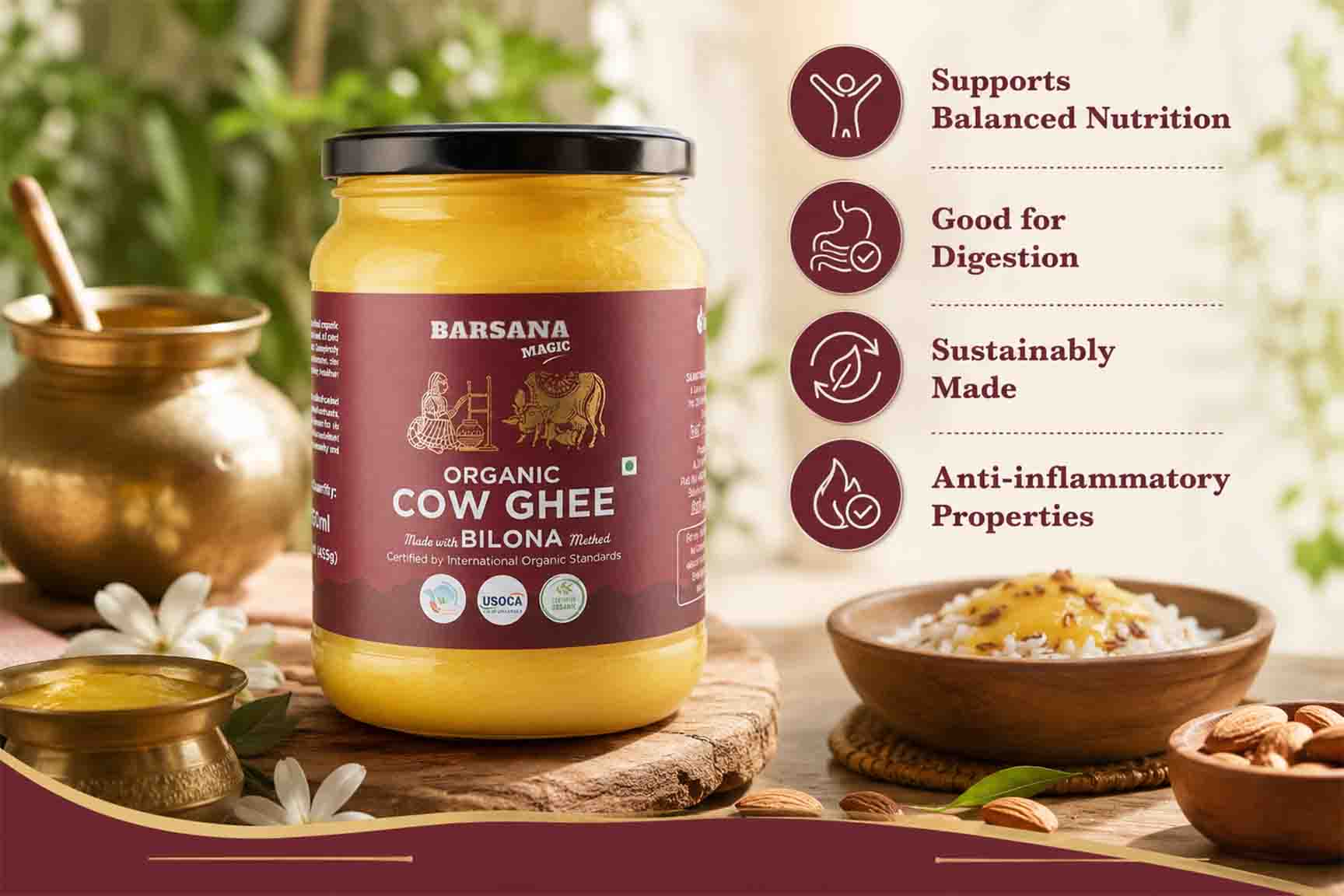 Barsana Magic and Jar of Barsana Organic Cow Ghee with wellness benefits on a natural setting