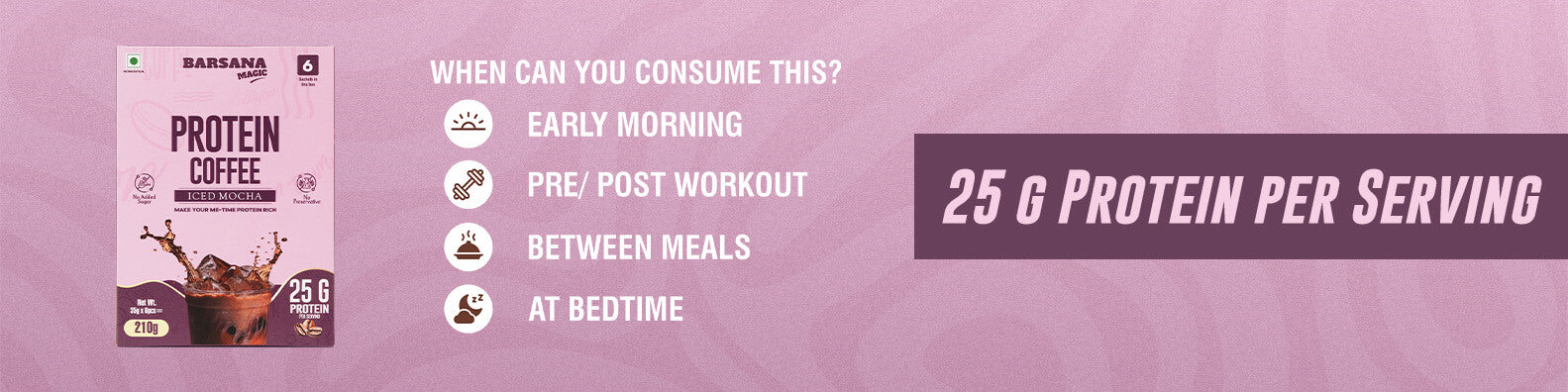 Barsana Magic and Protein Coffee package with consumption guidelines on a pink background