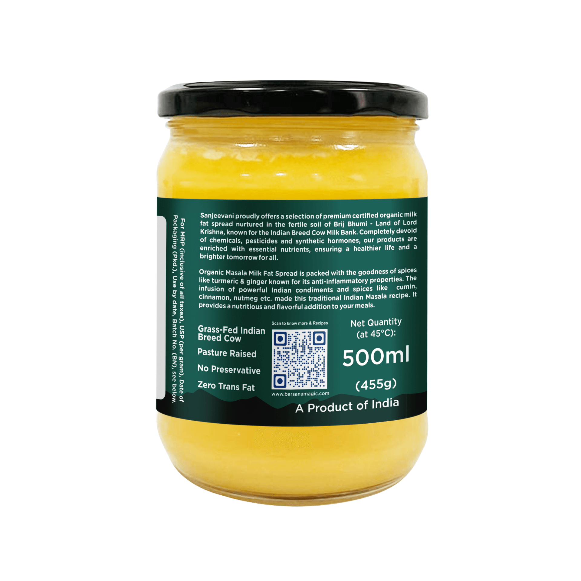 Creamy Organic Masala Milk Fat Spread in a 500ml jar, infused with turmeric, ginger, and cinnamon for a spicy, aromatic touch.
