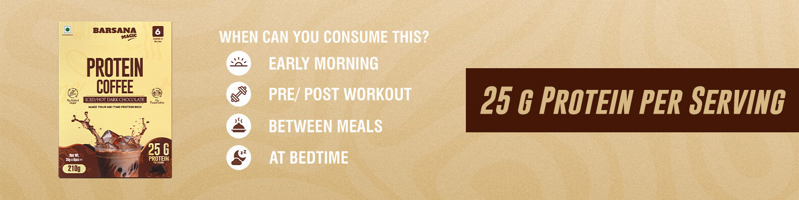 Barsana Magic and Protein coffee packaging with usage guidelines and protein content on a beige background