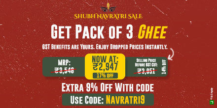 Barsana Magic A promotional banner for a "Shubh Navratri Sale" offering a 17% discount on a pack of 3 ghee jars.
