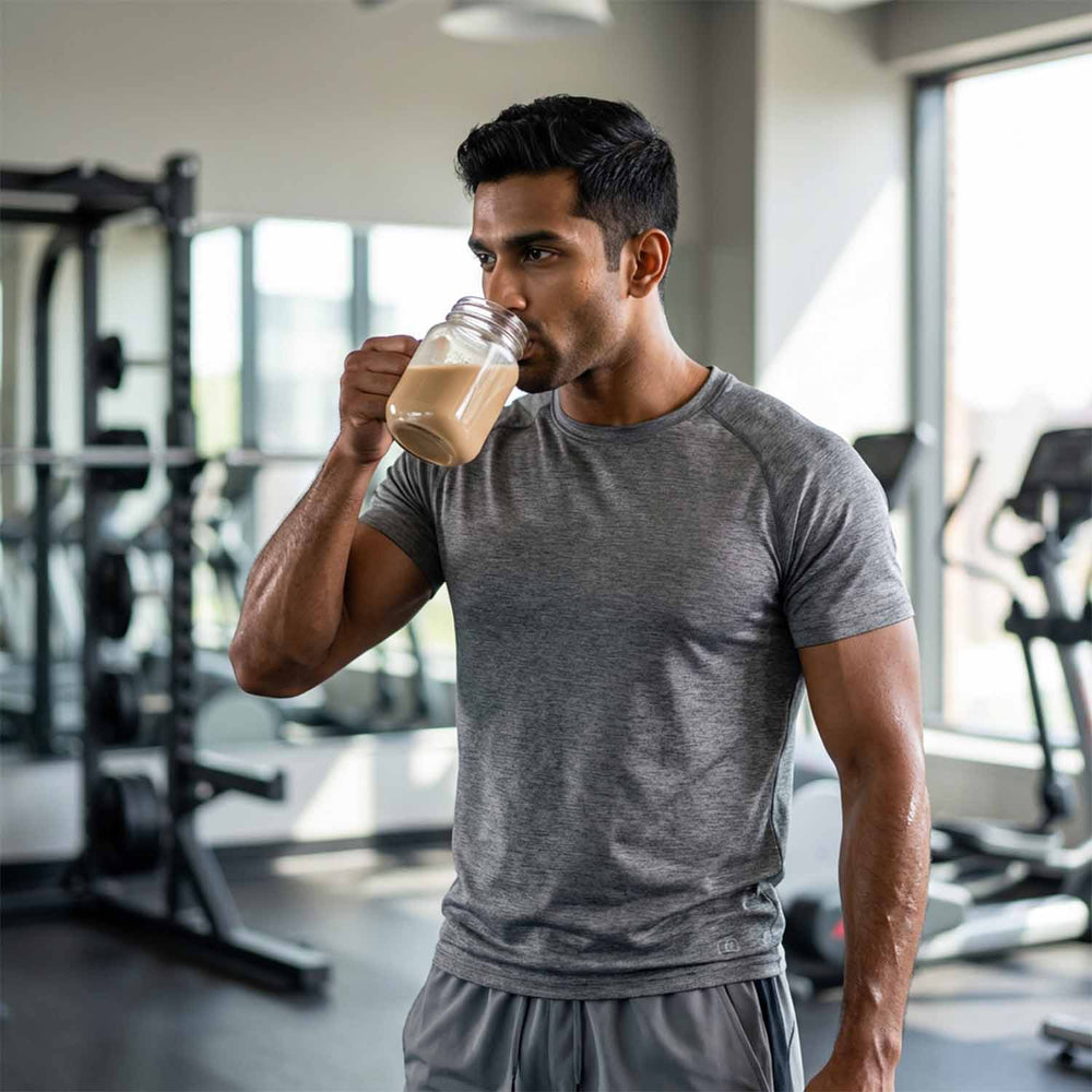 Barsana Magic and Man drinking from a protein shake in a gym setting