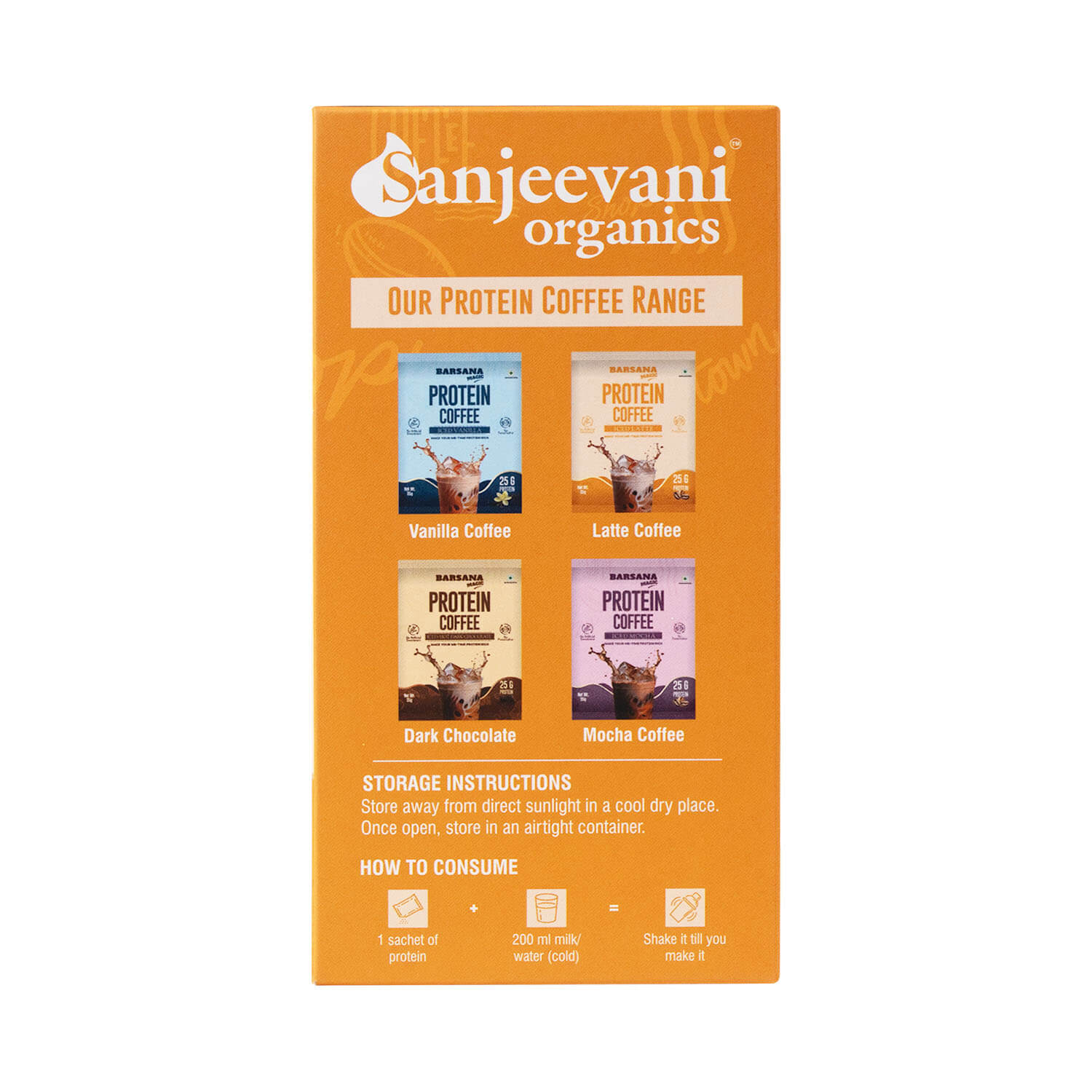 Barsana Magic and protein coffee packaging with four flavors on an orange background