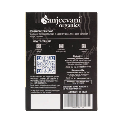 Barsana Magic and Back of a Sanjeevani Organics product packaging with text and QR code.