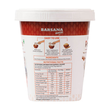 Barsana Magic and  protein powder container with nutritional information on a white background