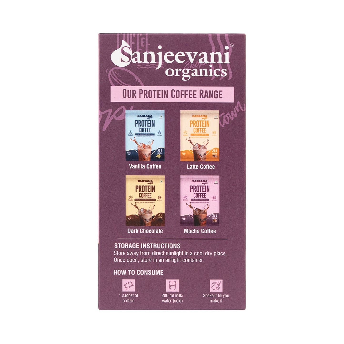 Barsana Magic and protein coffee packaging with four flavor options on a purple background