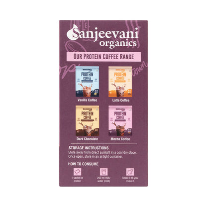Barsana Magic and protein coffee packaging with four flavor options on a purple background