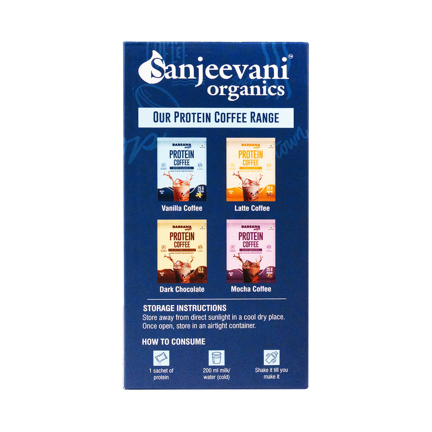 Barsana Magic and Box of Sanjeevani Organics protein coffee range on a white background