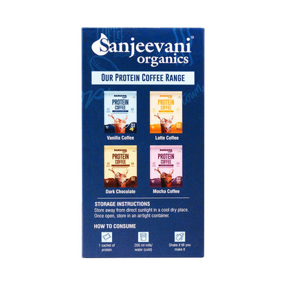Barsana Magic and Box of Sanjeevani Organics protein coffee range on a white background