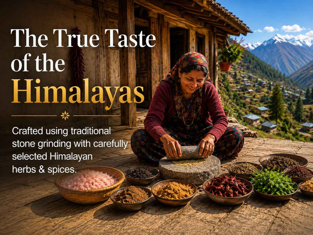 Barsana Magic and A woman in traditional clothing sits outdoors in front of a rustic wooden house, grinding herbs and spices with a stone mortar and pestle. Bowls of colorful ingredients are arranged around her, with mountains and a village visible in the background.