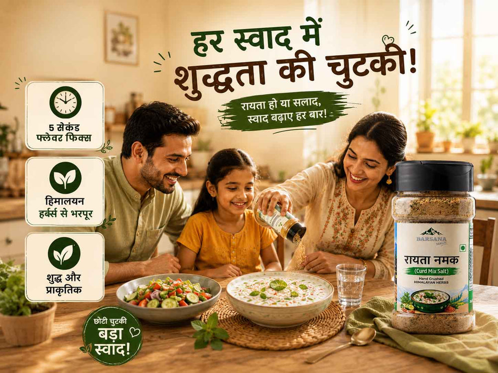 Barsana Magic and A family sits at a wooden dining table in a warm kitchen setting, with a jar of Harbagarv Rasoi Namak Raita (spicy yogurt) prominently displayed in the foreground. The advertisement includes Hindi text overlays, three feature callouts on the left, and a bowl of salad and a glass of water on the table.