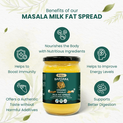Savor the rich, golden hue of Barsana Magic Organic Masala Milk Fat Spread, infused with turmeric, ginger, and aromatic spices in a 500ml jar.