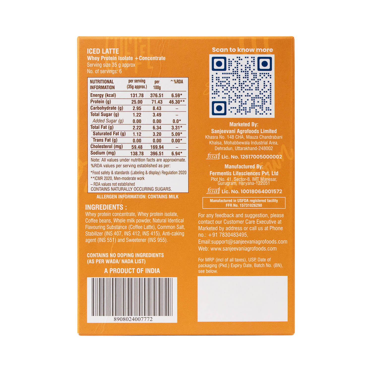 Barsana Magic and Back of a product packaging with nutritional information, ingredients list, QR code, and branding details on an orange background.