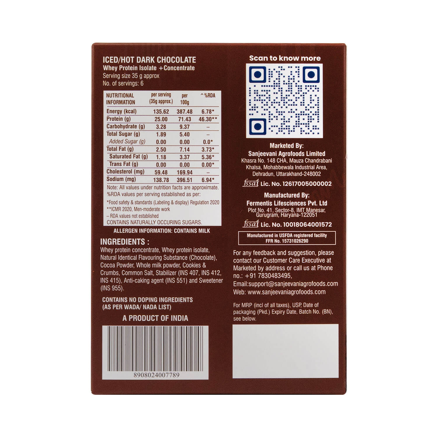 Barsana Magic and Back of a protein bar packaging with nutritional information, ingredients list, and QR code.