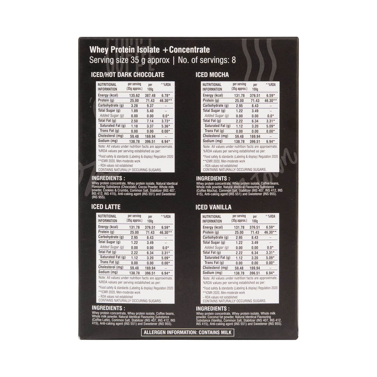 Barsana Magic and Nutritional information and ingredient list on a black label for whey protein.