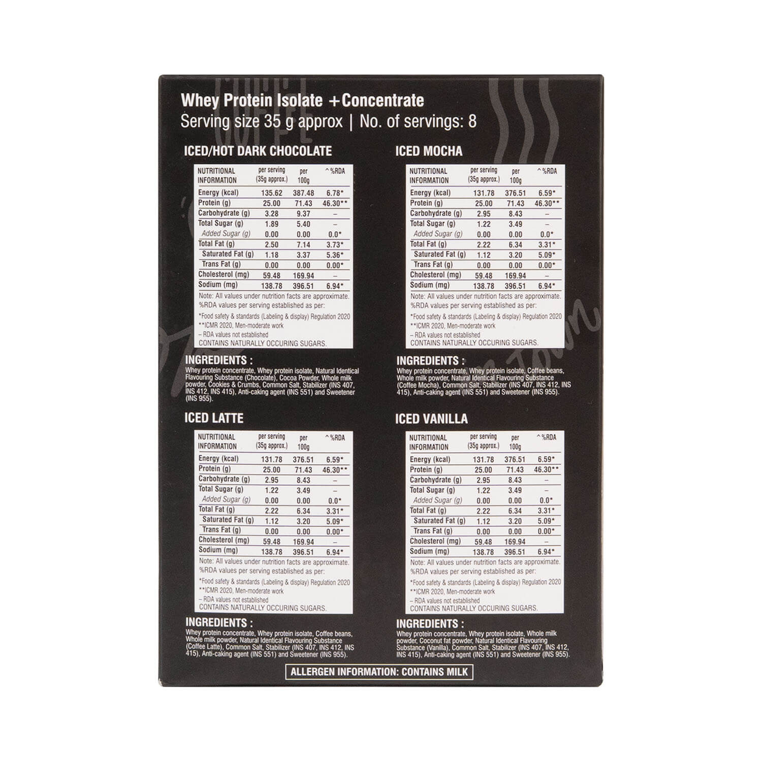 Barsana Magic and Nutritional information and ingredient list on a black label for whey protein.