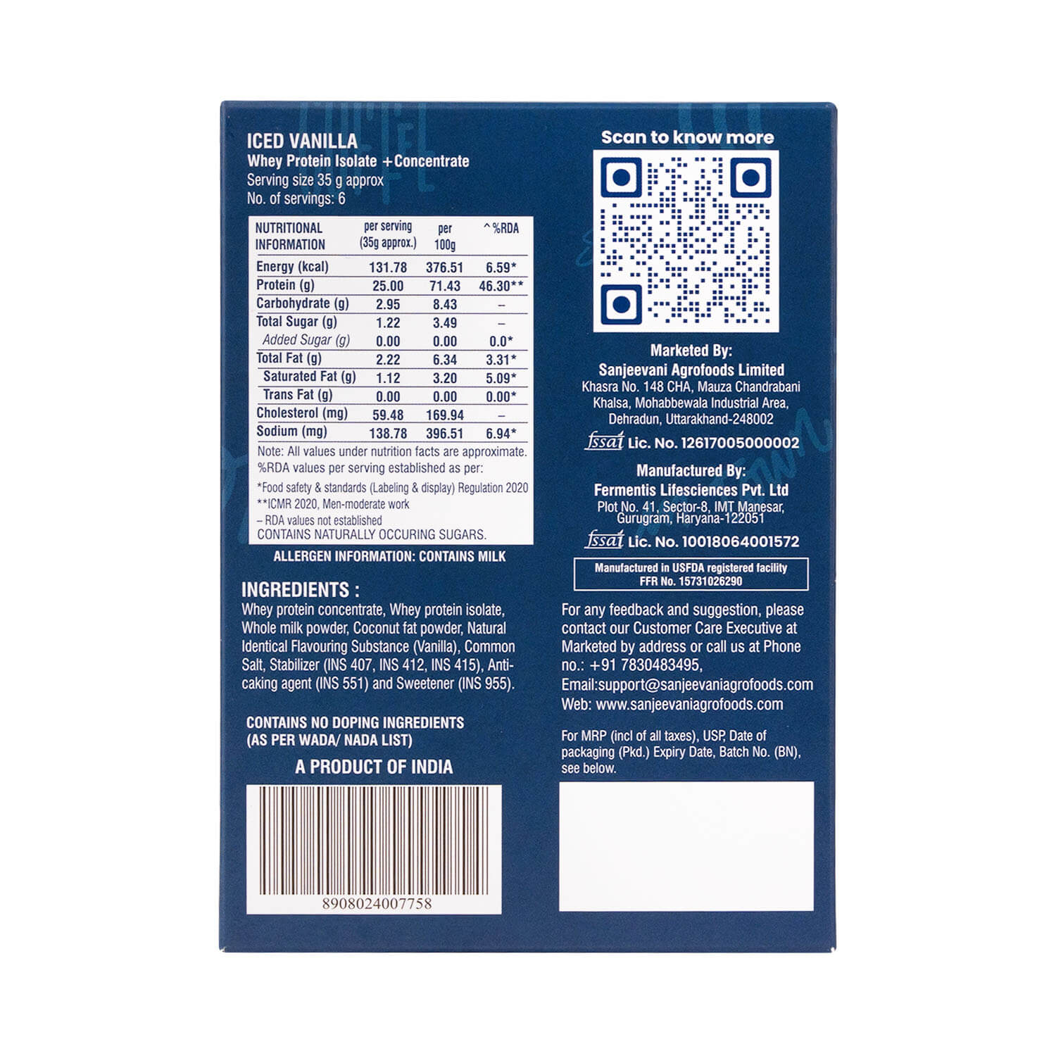 Barsana Magic and Back label of a protein product with text, QR code, and bar code on a blue background