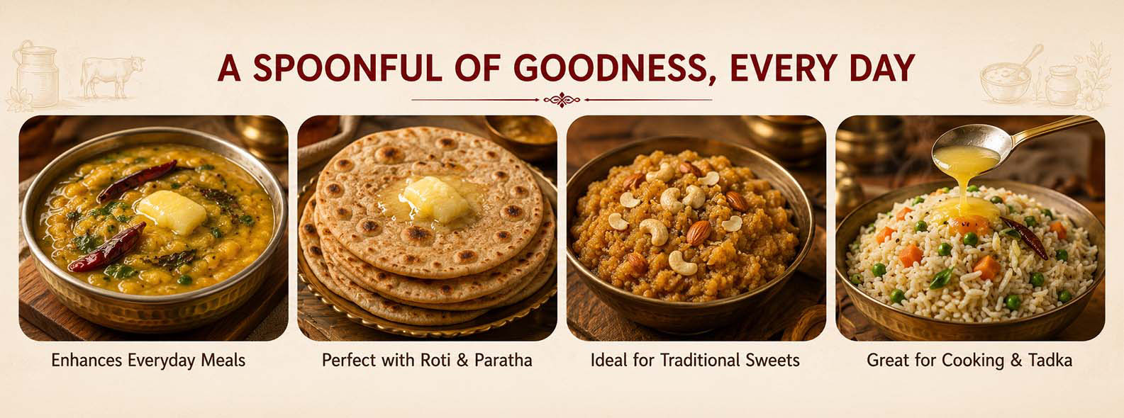 Barsana Magic and A promotional banner featuring four Indian dishes in metal bowls with descriptive text underneath: a yellow curry, flatbread with butter, a vegetable curry, and a rice dish. The top text reads 'A SPOONFUL OF GOODNESS, EVERY DAY' on a beige background.