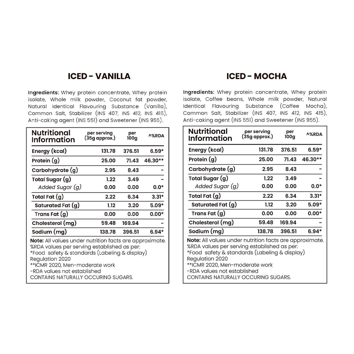 Barsana Magic and Nutritional information and ingredient lists for iced vanilla and iced mocha drinks on a white background.