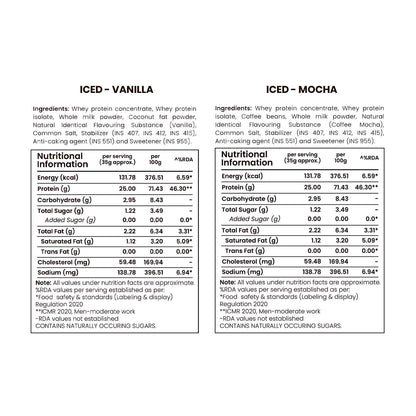 Barsana Magic and Nutritional information and ingredient lists for iced vanilla and iced mocha drinks on a white background.