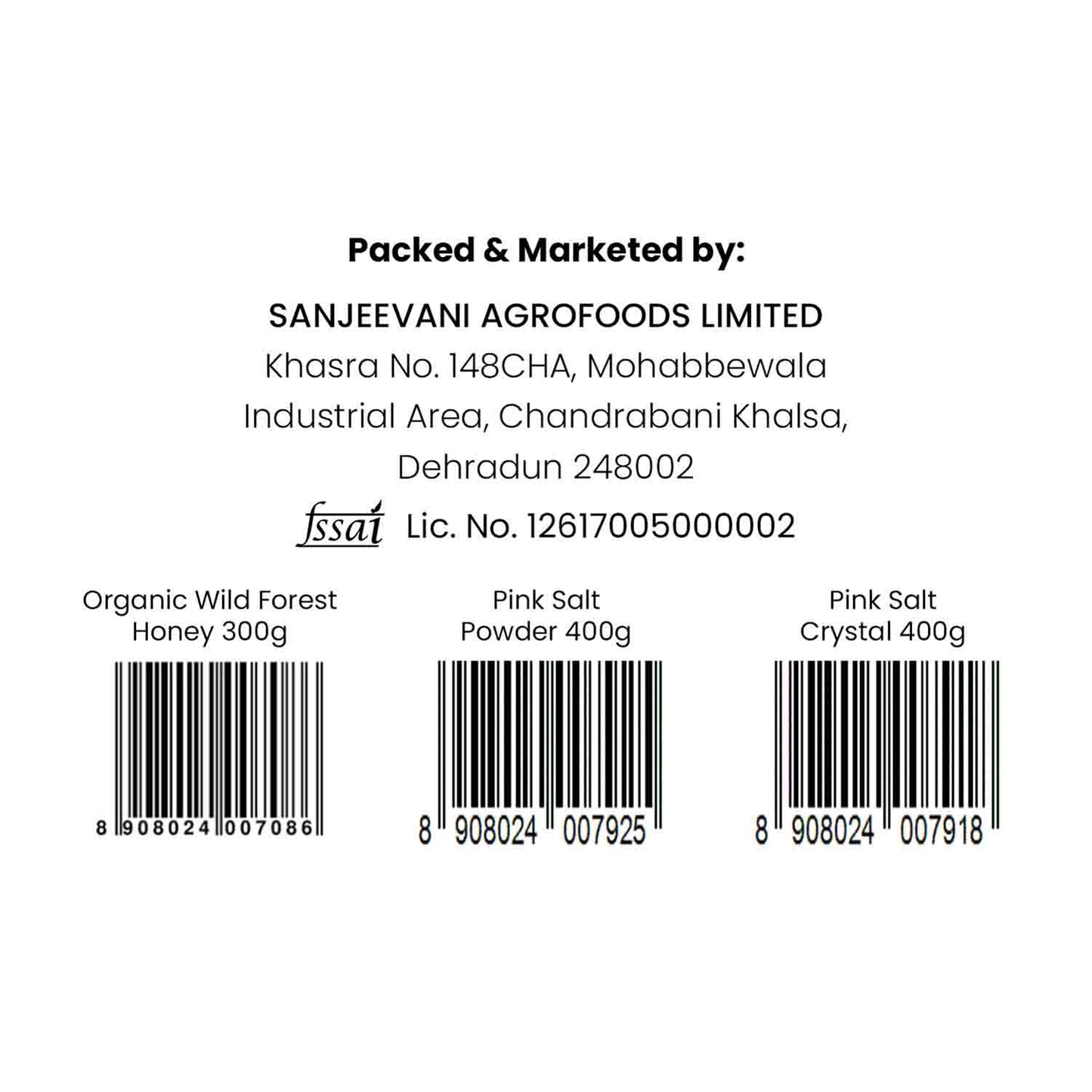 Barsana Magic and Label with Sanjeevani Agrofoods Limited information and barcodes for organic wild forest honey and pink salt products.