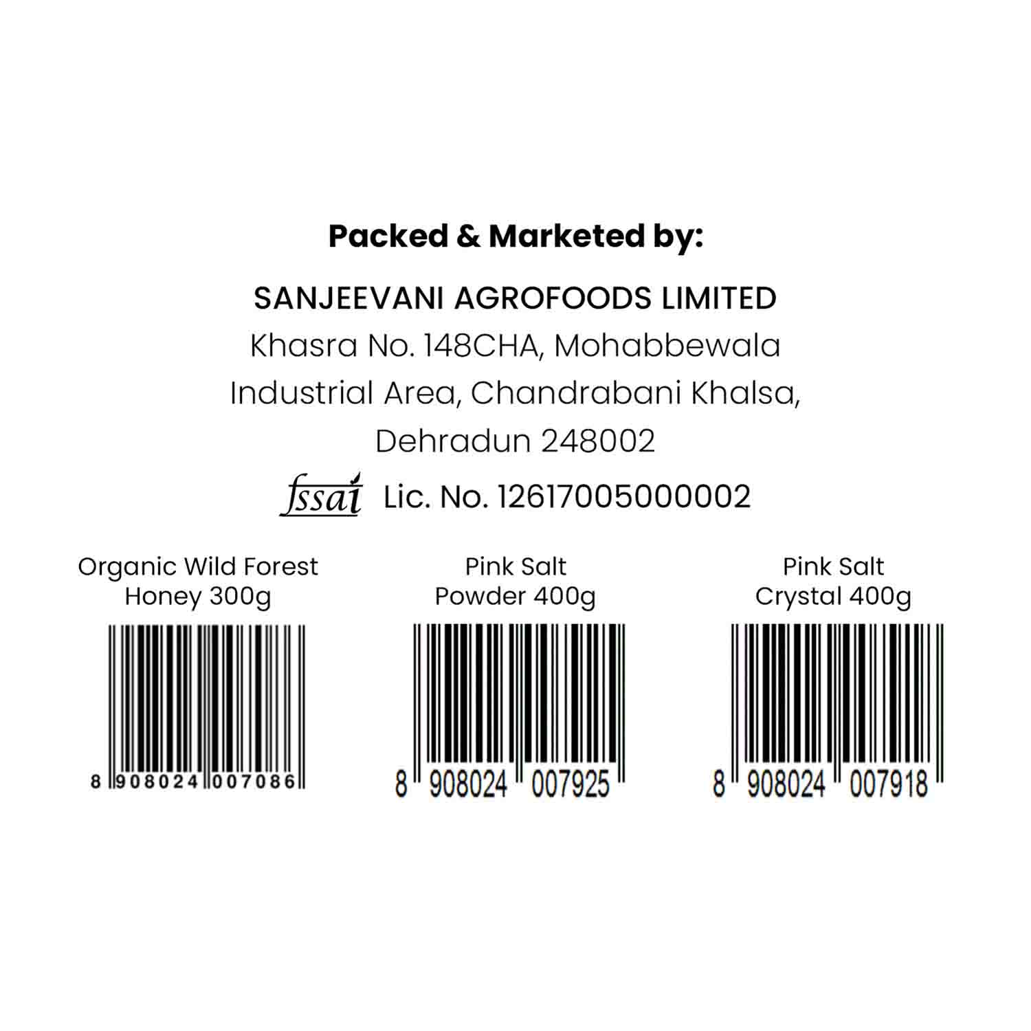 Barsana Magic and Label with Sanjeevani Agrofoods Limited information and barcodes for organic wild forest honey and pink salt products.