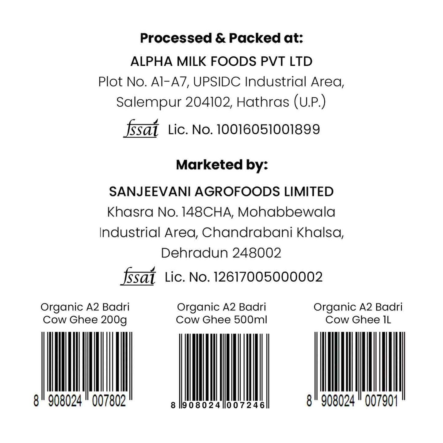 Barsana Magic and Product label with processing and packaging details at Alpha Milk Foods Pvt Ltd and Sanjeevani Agrofoods Limited.