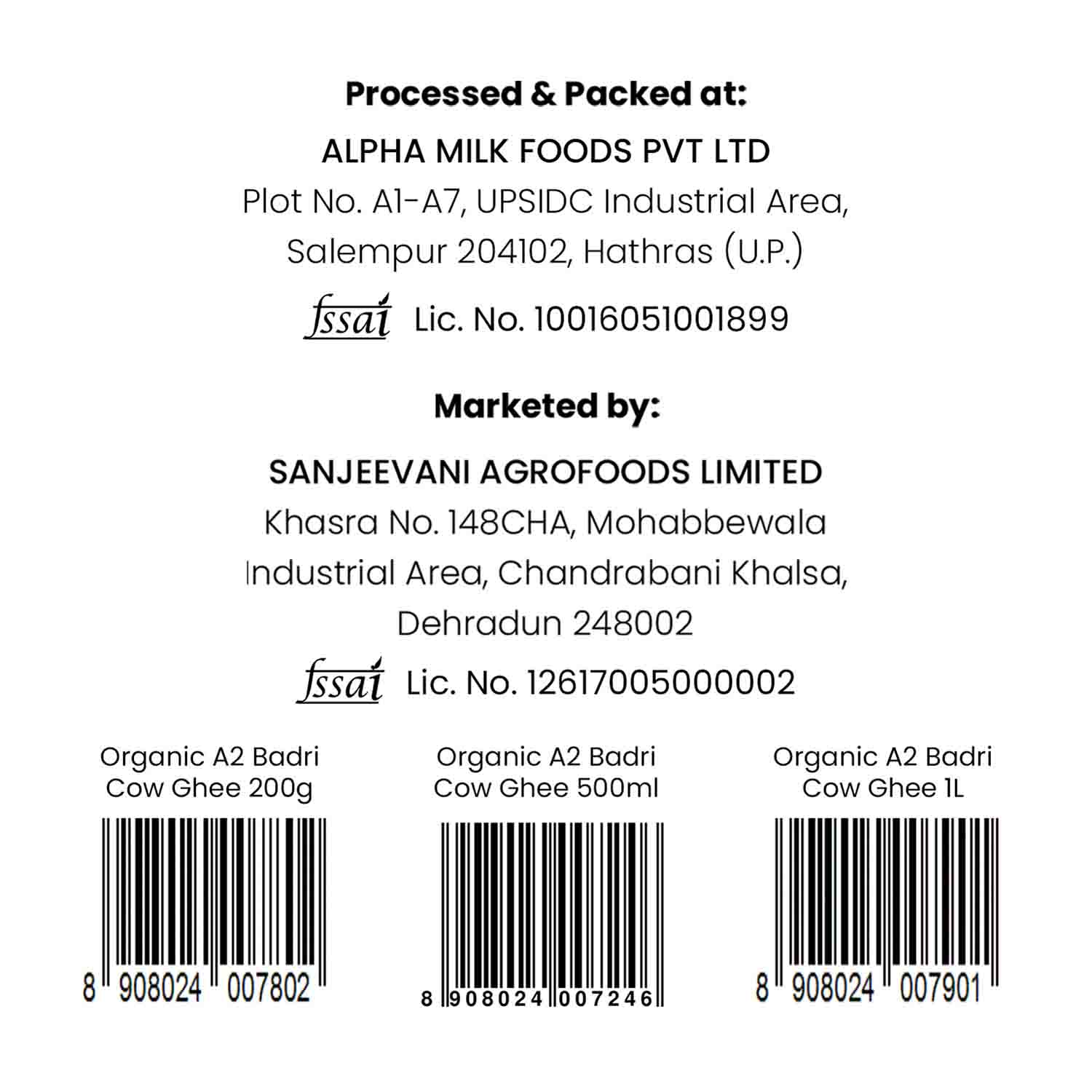 Barsana Magic and Product label with processing and packaging details at Alpha Milk Foods Pvt Ltd and Sanjeevani Agrofoods Limited.
