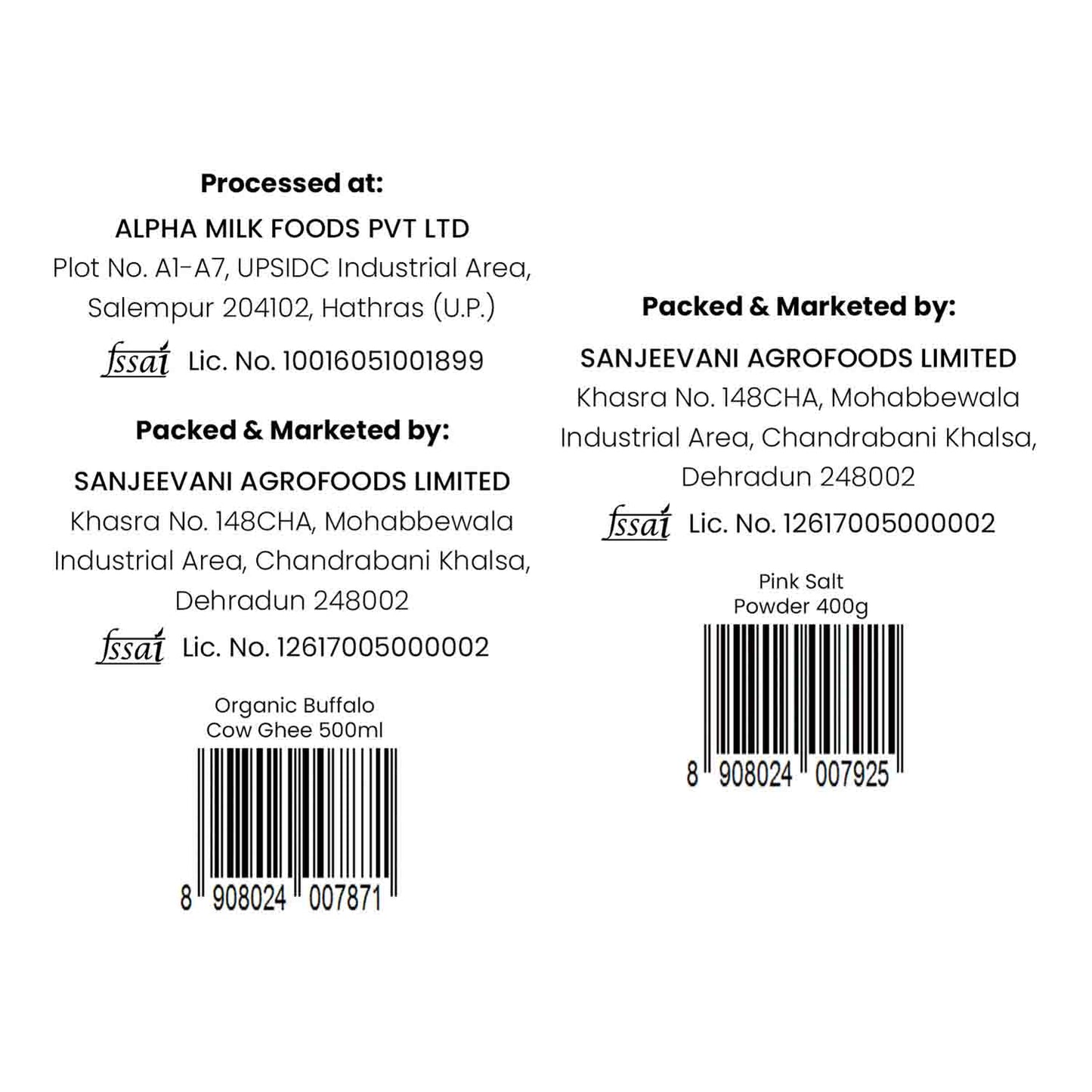Barsana Magic and Back of a packaging label with processing and packing details for Sanjeevani Agrofoods Limited.