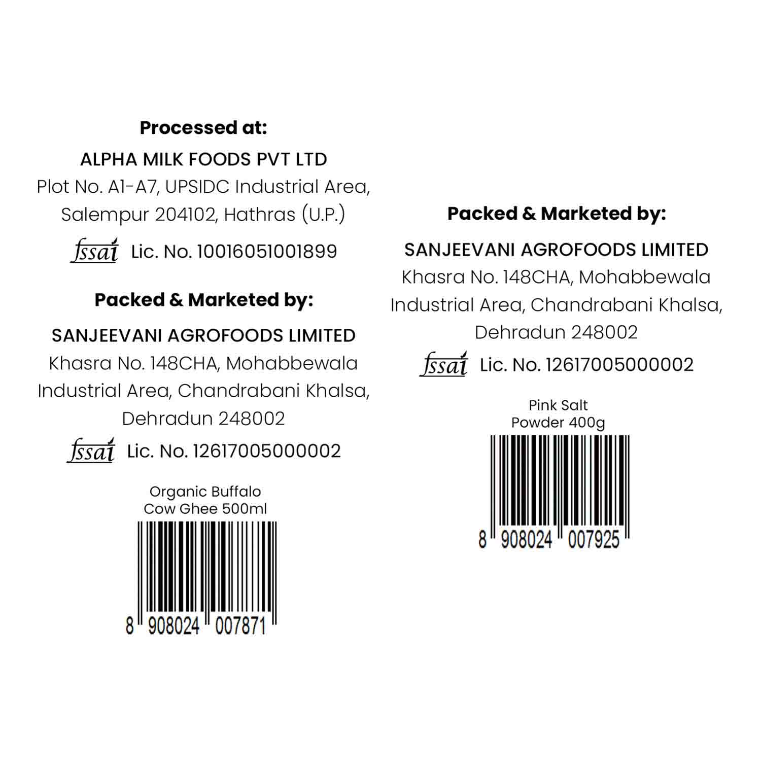 Barsana Magic and Back of a packaging label with processing and packing details for Sanjeevani Agrofoods Limited.
