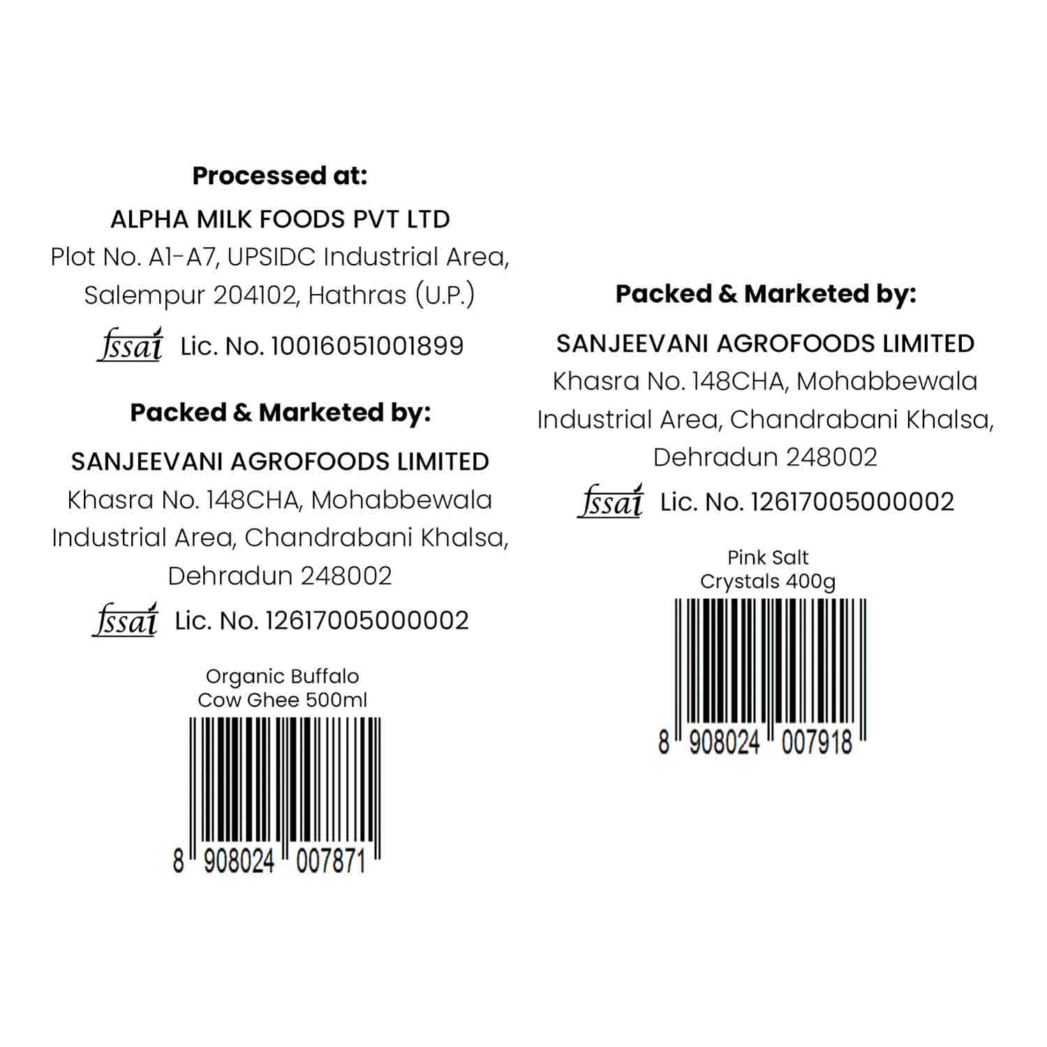 Barsana Magic and Back of a food product packaging with processing and packing details.