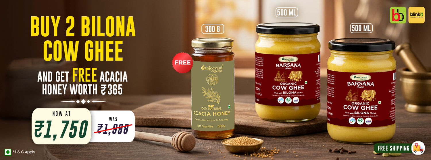 Barsana Magic and Cow Ghee and Acacia Honey jars on a wooden surface with promotional text.