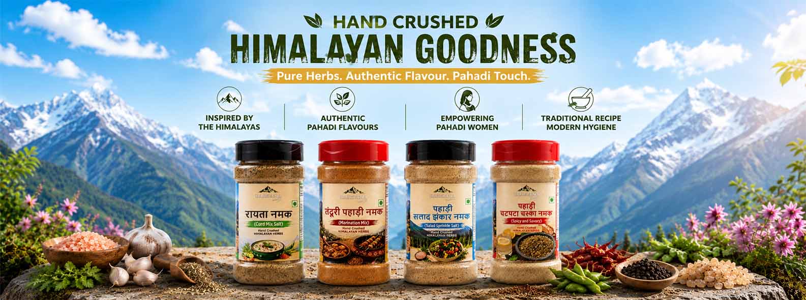 Barsana Magic and Four jars of Himalayan spices arranged on a stone surface with mountains, flowers, and herbs in the background. The top text reads 'Hand Crushed Himalayan Goodness' with icons and descriptive callouts above the jars.
