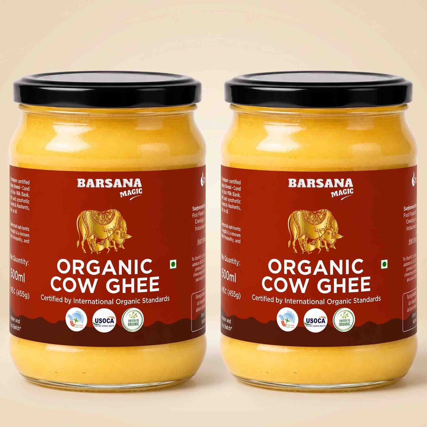 Barsana Magic and Two glass jars of Organic Cow Ghee with black lids, displayed side-by-side on a light beige background.