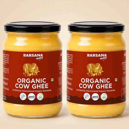 Barsana Magic and Two glass jars of Organic Cow Ghee with black lids, displayed side-by-side on a light beige background.