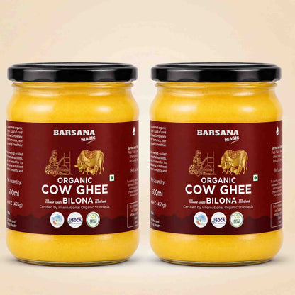 Barsana Magic and Two jars of Barsana Magic Organic Cow Ghee (Bilona Mild) side by side on a light beige background.