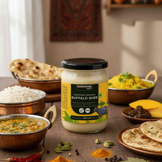 Barsana Magic and Jar of Buffalo Ghee on a table with Indian food items