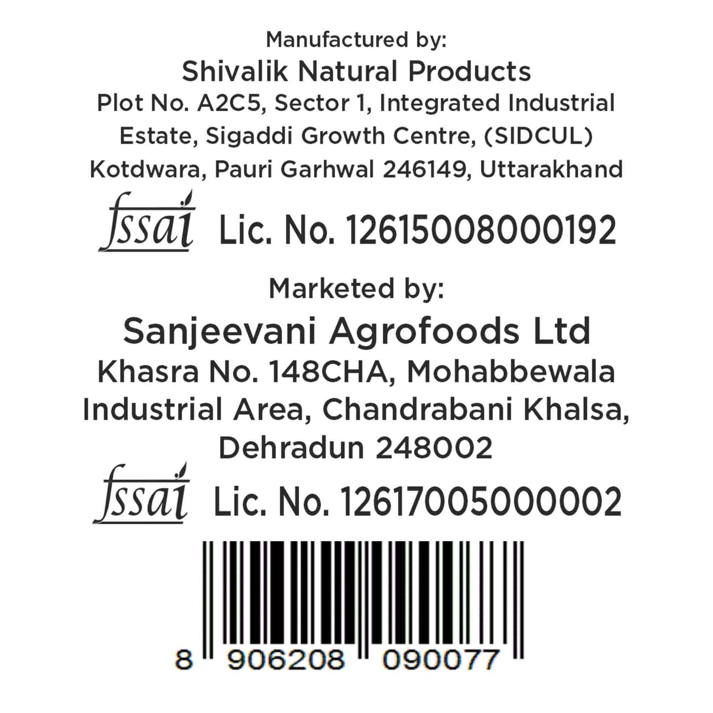 Barsana Magic and Product label with Shivalik Natural Products and Sanjeevani Agrofoods Ltd information, FSSAI licenses, and a barcode.