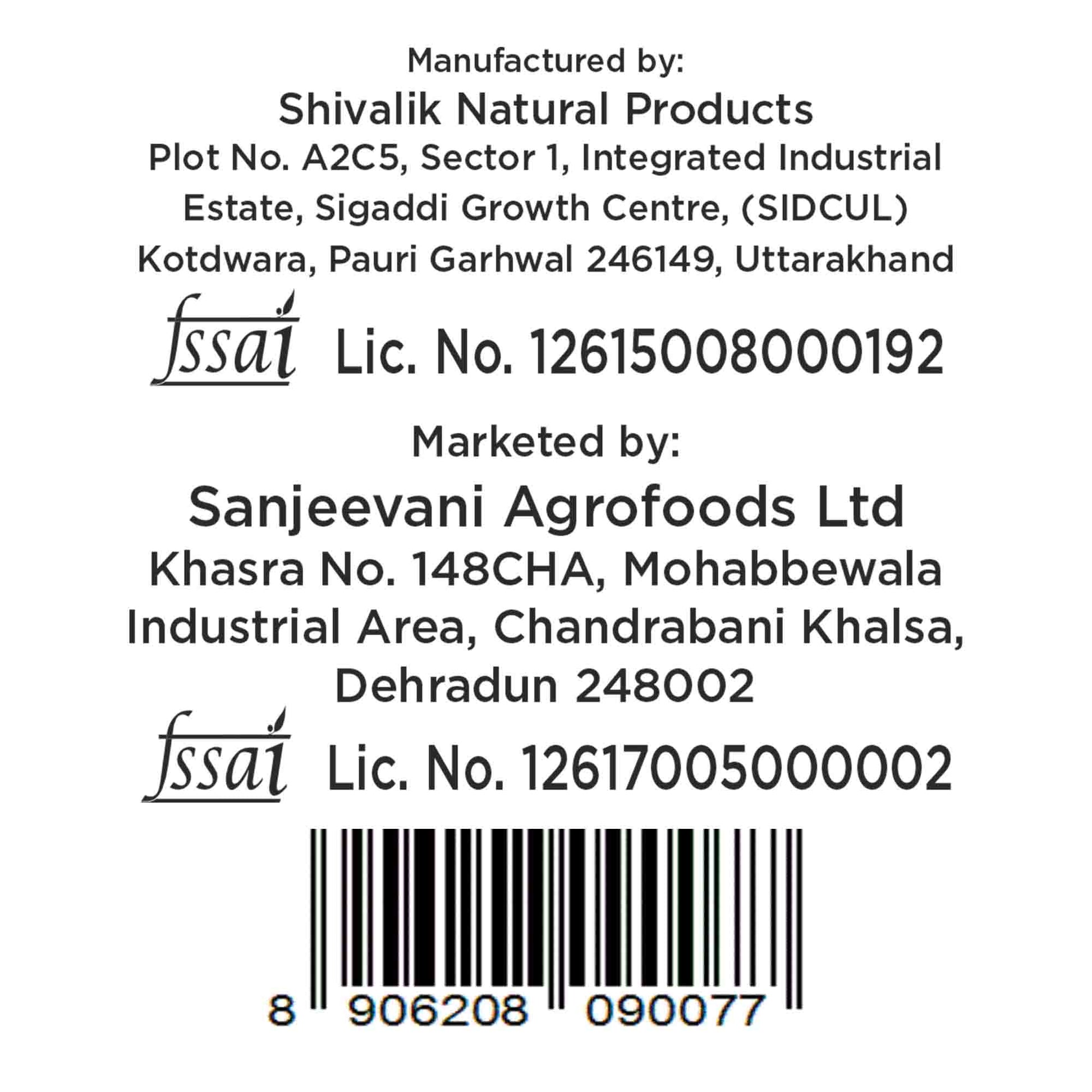 Barsana Magic and Product label with Shivalik Natural Products and Sanjeevani Agrofoods Ltd information, FSSAI licenses, and a barcode.
