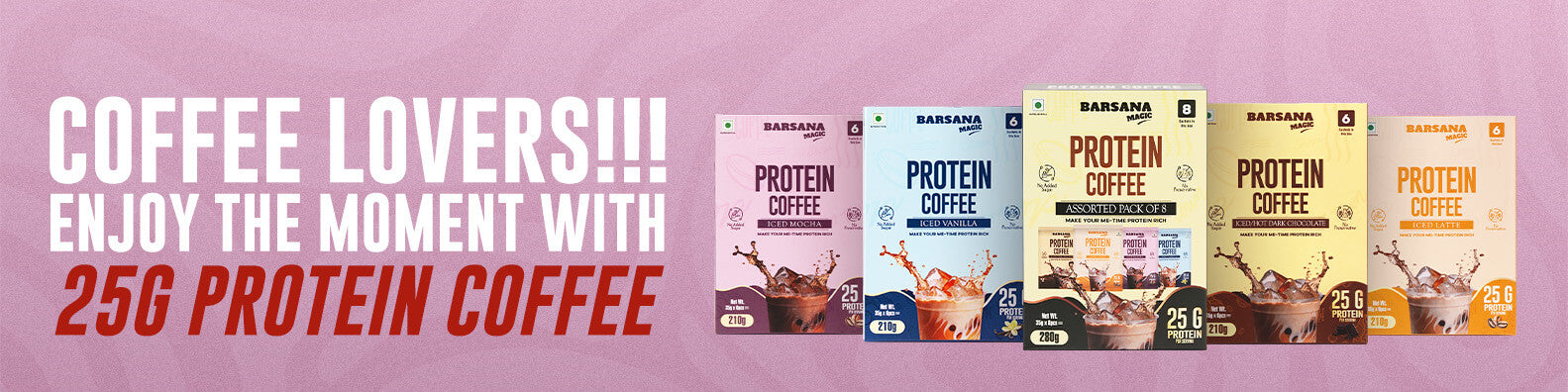 Barsana Magic and Protein coffee packaging on a pink background with promotional text.