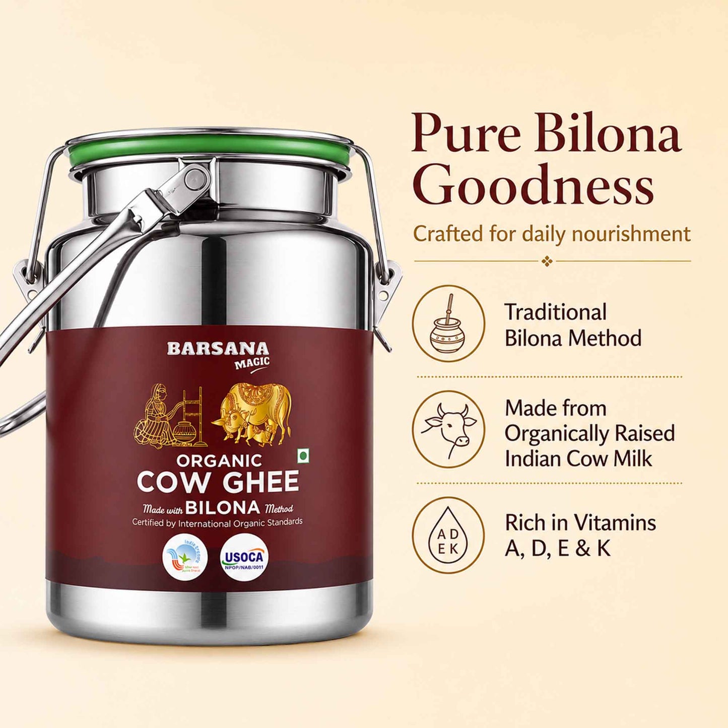 Organic Bilona Cow Ghee Dolchi 2.5L | Stainless Steel Family Saver Pack