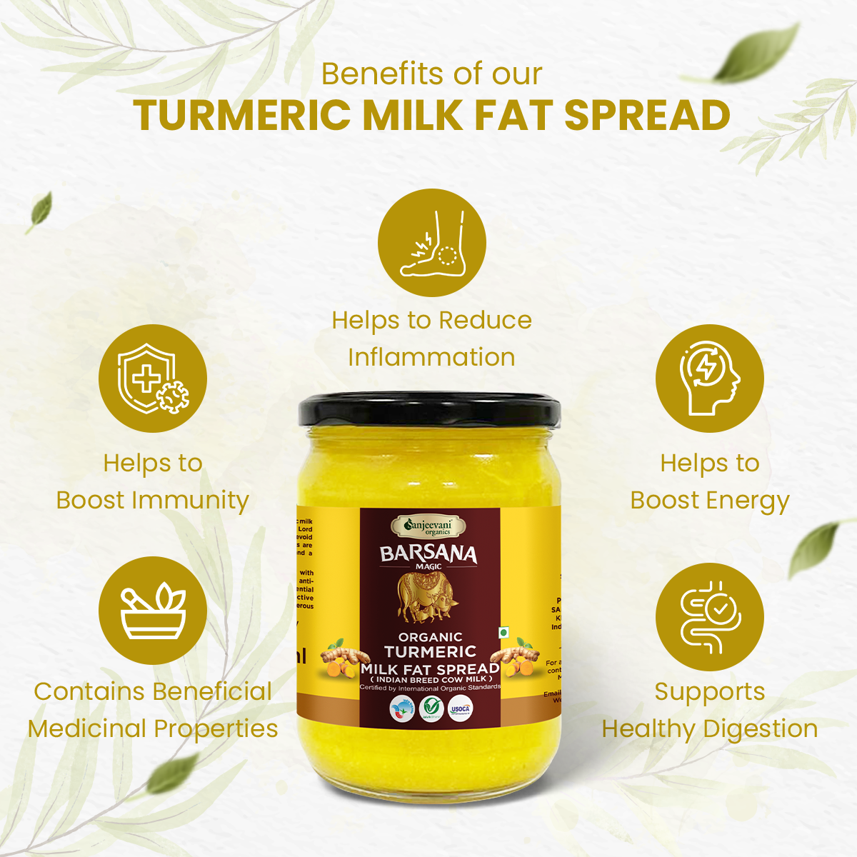 Trio of organic milk fat spreads in turmeric, masala, and turmeric-garlic flavors, packaged in vibrant, earthy-toned jars.
