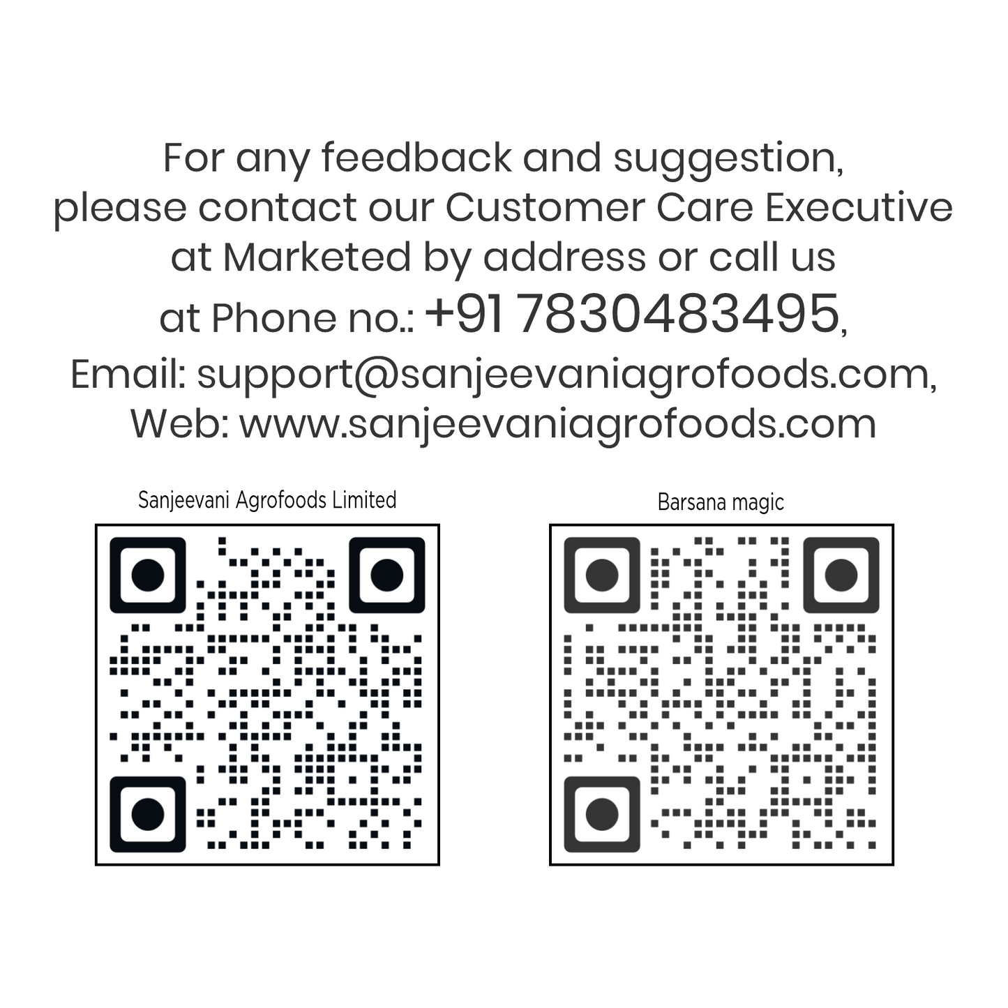 Barsana Magic and  Contact information for Sanjeevani Agrofoods Limited with QR codes on a white background.