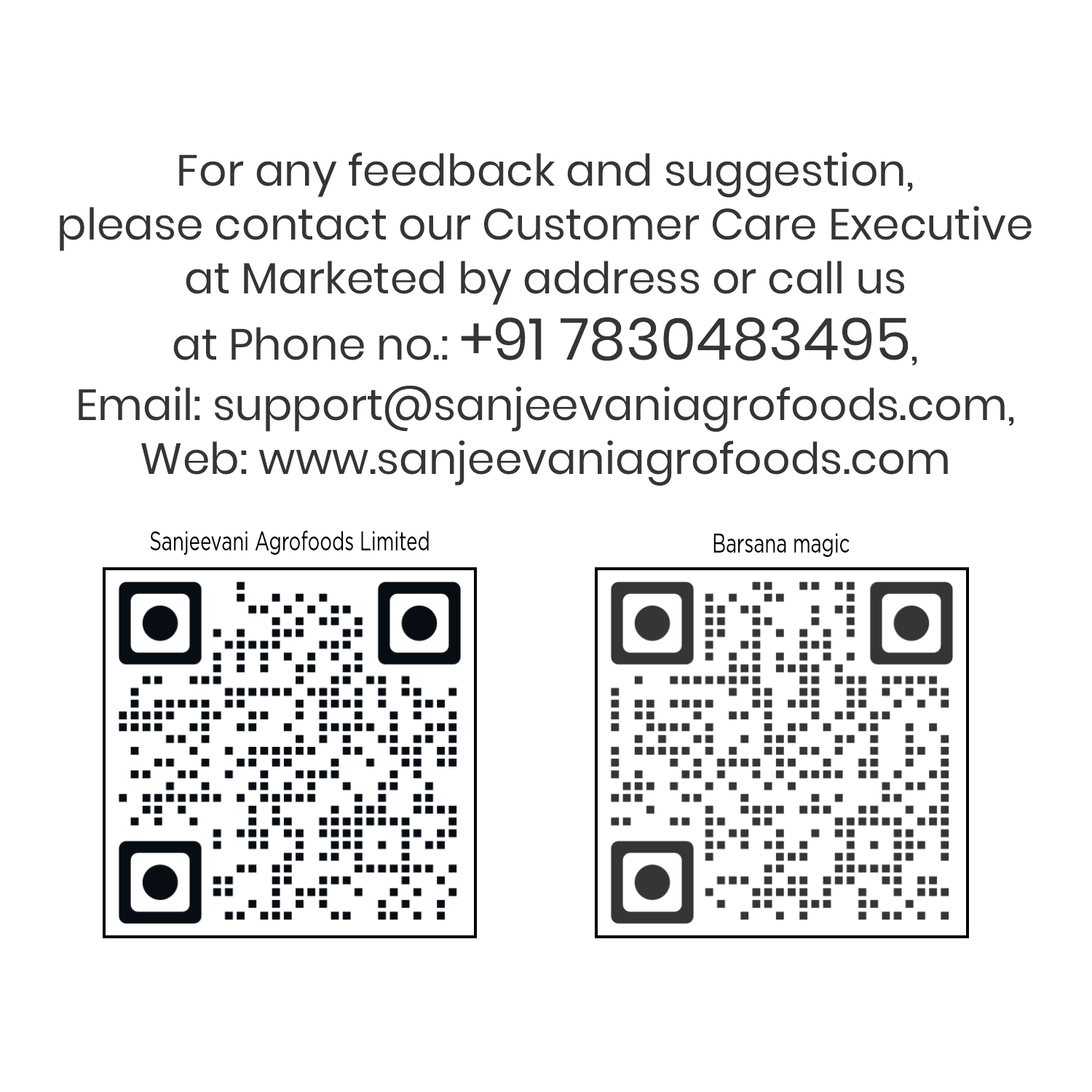 Barsana Magic and  Contact information for Sanjeevani Agrofoods Limited with QR codes on a white background.