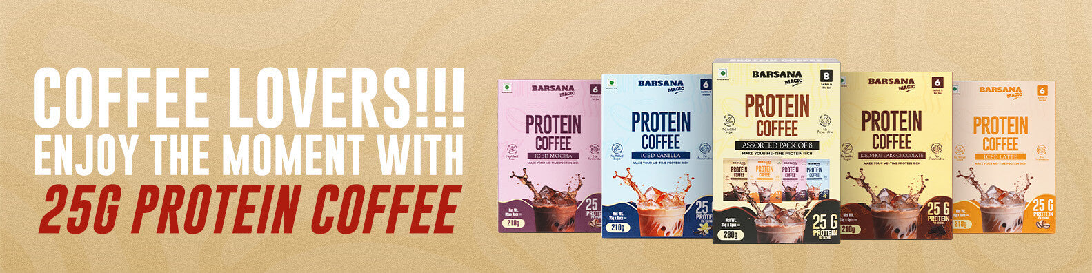 Barsana Magic and Protein Coffee packaging on a brown background with promotional text.