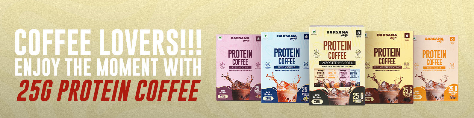 Barsana Magic and Protein coffee packages with promotional text on a beige background